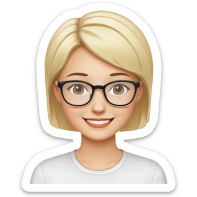 Mujer sonriendo con camisa blanca, color de cabello rubio, cabello corto, color de piel blanca, con gafas sticker