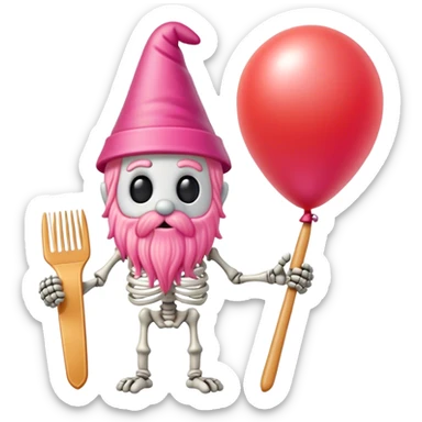 Gnome foam, pink comb skeleton made out of comb dog, balloon, tomato, spy spaghetti with piece socrateson Mountain ski ￼ sticker