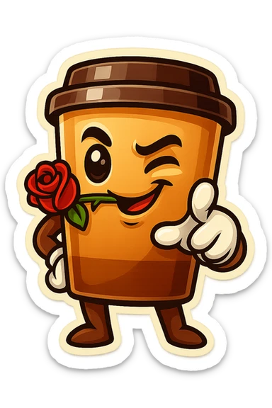 Tall coffee cup, rose in mouth, wiggle eyebrow, smirk, pointing at viewer sticker