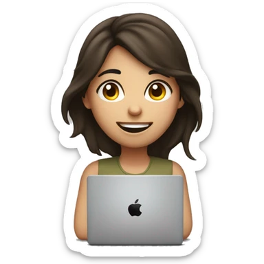Brunette girl with eyebags, mac laptop stressed out but still smiling sticker