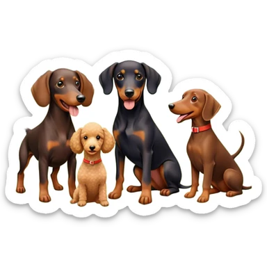 Collage of dogs breeds like Doberman, Poodle, Dachshund, in a park with trees and grass. A joyful, colorful scene with playful expressions. Transparent background. sticker