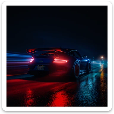 Shot and Directed by Quentin Tarantino, Cinematic still of a porsche 911, gt3 rs, night photo, red lights and blue bright night  sticker