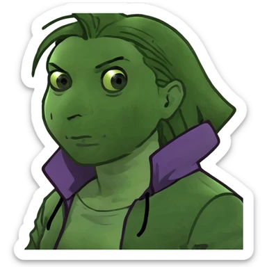 Man with stylish green jacket and purple hair, strong pose, bold expression, modern clothing style sticker