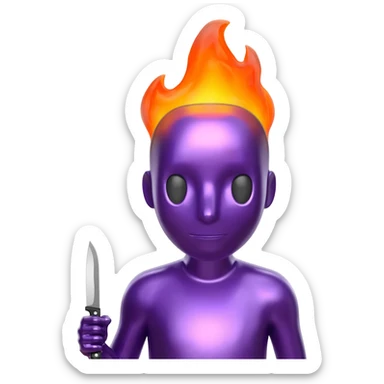 A purple shiny character with a flame head and holding a small knife. sticker
