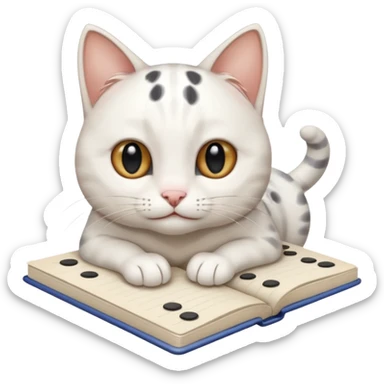  gatita blanca con manchas negras en los ojos feliz en viendo una libreta anillada  sticker