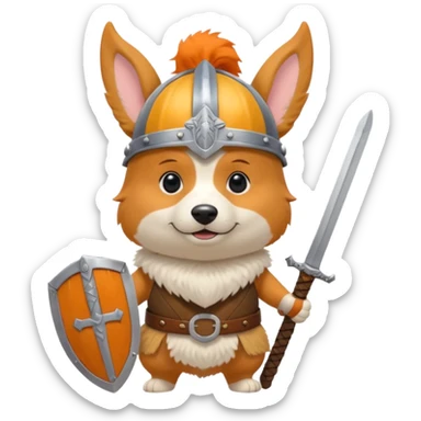 corgi with viking helmet and sword behind sticker