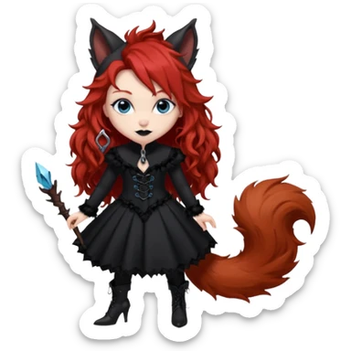  long curly red hair (darker), red pointed ears with black trim, black goth outfits, body and face human, blue eyes, more pointy chin, black lipstick, one big fluffy red squirrel tail with black tips, like the attached photo with more outfits and poses,  sticker