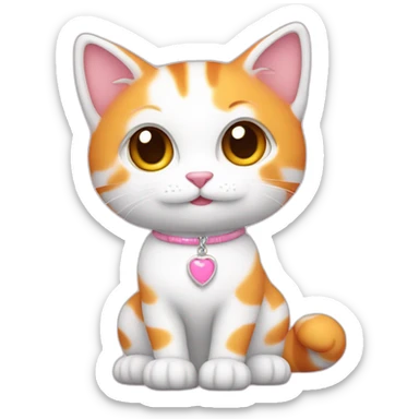 full body white orange cat cute with a small brown eyes and a paw pink necklace sticker
