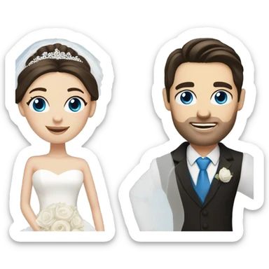 Bride with pale skin, dark brown hair & blue eyes standing with Groom with dark brown hair sticker