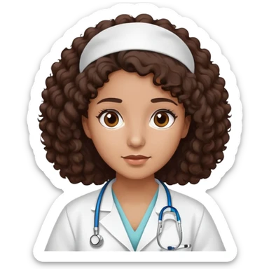 mulher com cabelo cacheado castanho escuro, pele marrom médio, olhos castanhos escuros, usando jaleco hospitalar, sem estetoscópio sticker