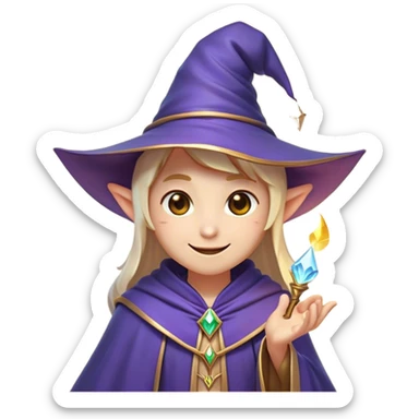 Clash of Clans aesthetic Playful Mage Portrait Emoji, Head tilted with a mischievous glimmer and subtle enchanting smile, featuring a compact, gracefully robed form with a pointed wizard hat and twinkling eyes in natural skin tone, Simplified yet irresistibly charming features, highly detailed, glowing with a warm, inviting magical glow, high shine, spirited and imaginative, stylized with a touch of whimsical sorcery, soft glowing outline, capturing the essence of a playful mage exuding friendly arcane wonder! sticker