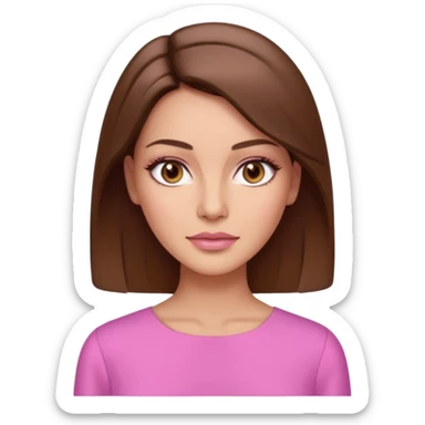 create an emoji of an adult woman with botox, with a square cut with a middle part and brown hair, light skin, brown eyes and an elegant pink blouse sticker