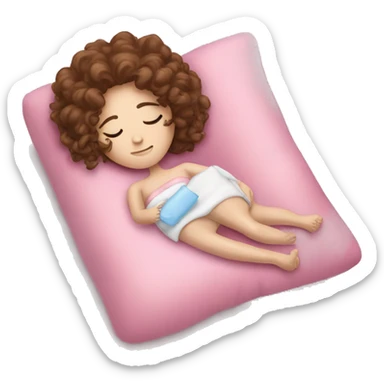 Sleepy girl laying on pink pillow with brown curly hair pale skin  holding and a ice pack sticker