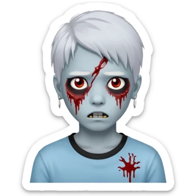 Create a 3D emoji-style avatar with very pale blue-grey zombie skin like the reference image, a young Asian face, and large eyes with blood tears. Give it white mullet-style hair, silver hoop earrings, and a simple black T-shirt. The expression should be neutral or slightly angry sticker
