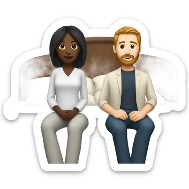 Black woman with straight hair sitting in bed with white male with brown hair and beard  sticker