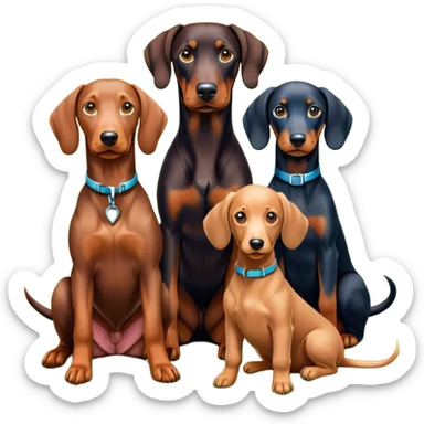 Close-up of a Doberman Pinscher, a Dachshund and a Poodle sitting together on lush green grass. The background features a beautiful, serene nature view with rolling hills and bright blue skies. The dogs' sleek coats shine under the sun. Transparent background. sticker