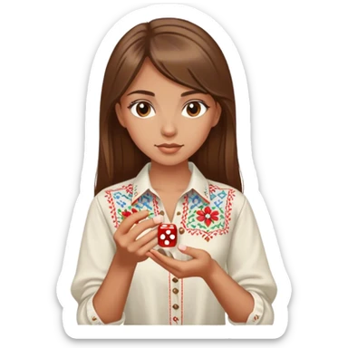 A Ukrainian girl with brown hair in an embroidered shirt holds a dice in her hand sticker