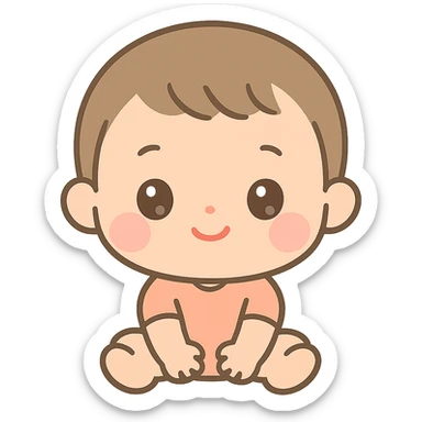 one year old baby with short brown hair, large brown eyes with eyelashes, brown eyebrows, pink lips, transparent background sticker