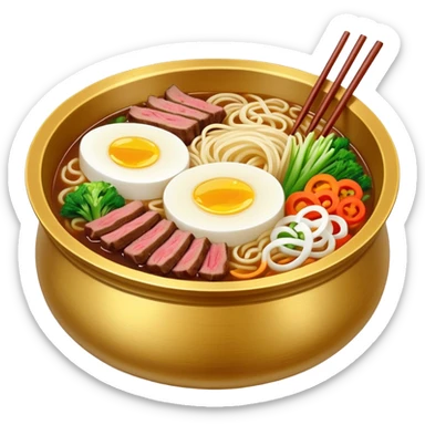 naengmyeon noodles with beef and vegetables in a golden bowl sticker