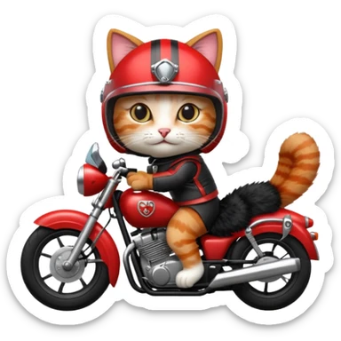 Cat on red and black motorcycle with helmet sticker
