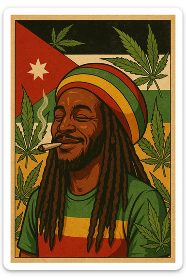 A digital vintage-style poster illustration of a Jordanian Rasta man with dreadlocks, wearing a red, yellow, green striped tam hat. He is smiling peacefully with a lit herbal spliff in his mouth. The background features the official Jordan flag — black, white, green horizontal stripes with a red triangle and a white 7-point star — accurately displayed behind him. Cannabis leaves are tastefully arranged around the composition, and the poster includes Rasta color textures blended with the Jordanian palette. Use a retro poster style with warm, slightly aged textures, bold outlines, and soft shading to evoke a soulful reggae vibe that honors both Jordanian pride and Rasta spirit. The mood is chill, powerful, and respectful sticker