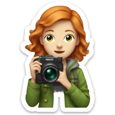 Girl with ginger hair,green eyes,wearing camera,surrounded with architecture sticker