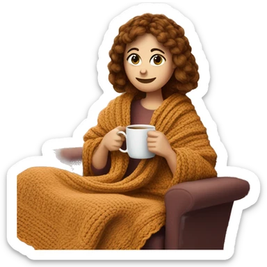 26 year old white woman with brown hair and curtain bangs. She is crocheting a garment. She is sat on a chair with a blanket that is in the color of cinnamon on herself. Near her there is a cup of tea. sticker