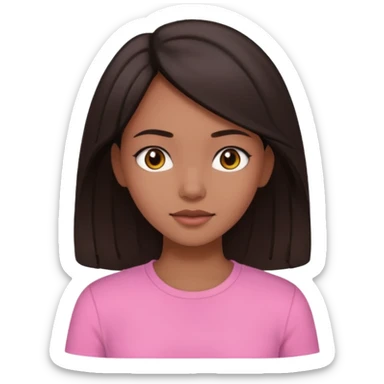 A dark brunette girl with neutral skin slightly light wearing a pink shirt and has medium length hair  sticker