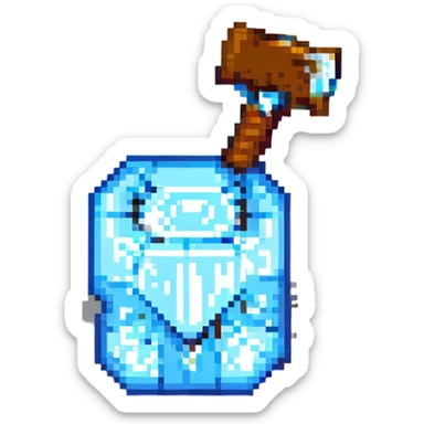 a pixel art pickaxe like in Minecraft game, blue rectangular diamond ore shape, front view sticker