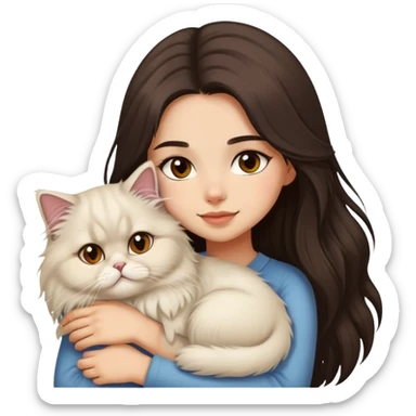 pretty girl with DARK long hair hugging her light hair fluffy persian cat  sticker