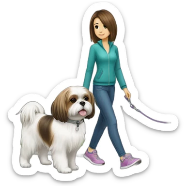 girl walking shih tzu on leash sticker