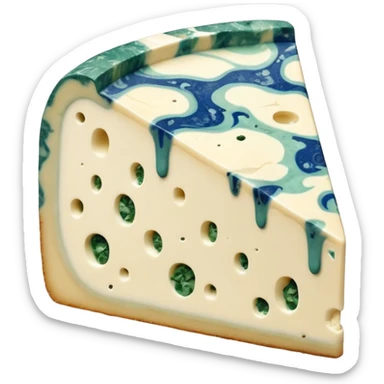 thick wedge of gorgonzola cheese with creamy off-white interior richly veined with blue-green mold, moist and slightly oozing near edges, natural beige rind, soft texture, irregular marbling, bold tangy character, apple emoji style, soft lighting, subtle shadows, transparent background, emoji scale sticker