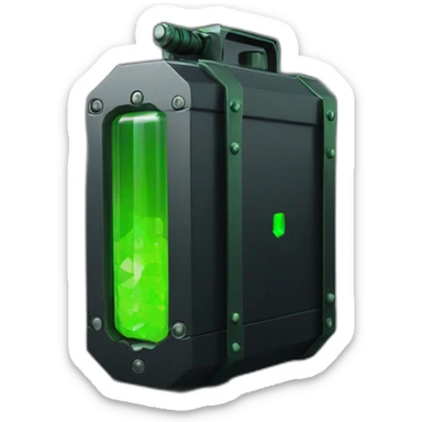 Futuristic tall thin narrow width rectangular military cannister colored matte black with green rock crystals peeking out sticker