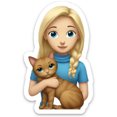 Blonde girl with blue eyes cuddling brown cat sticker
