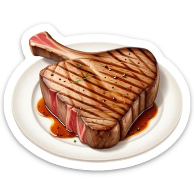 Cinematic thick-cut t-bone steak, perfectly seared with grill marks, a grilled center, rich and savory, warm glow, sizzling and mouthwatering, highly detailed and appetizing. sticker