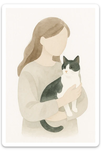 a person with brown long hair holding a black and white cat, soft watercolor style sticker