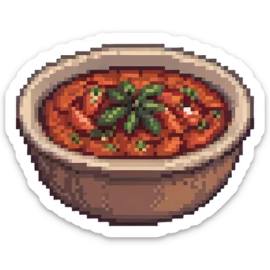 pixel art bowl of red tomato chutney with garlic sticker