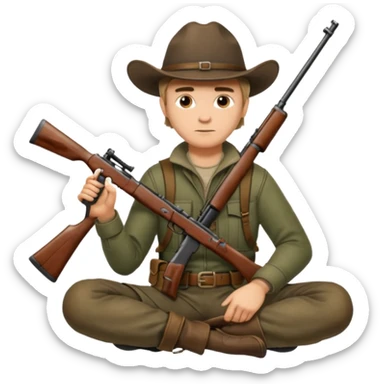 male hunter sitting and holding a rifle, minimal background sticker