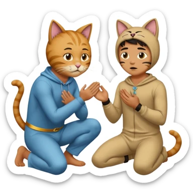 a man begging on his knees i front of another man wearing a cat costume  sticker