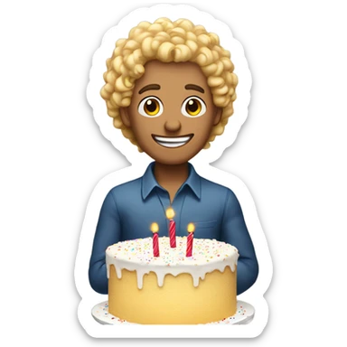 Blonde curly headed man standing over a birthday cake sticker