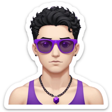 shirtless male athlete with white skin and moderately curly black hair on top with shaved sides, wearing sharp angular geometric purple sunglasses with very dark heavily tinted black lenses, and a simple plain black chain necklace, no earrings sticker