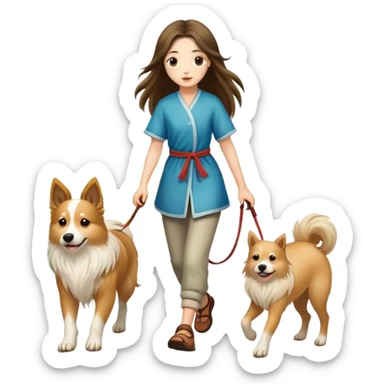 A long-haired girl walking a Chinese rural dog sticker