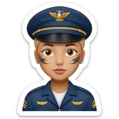 Young, wearing pilot uniform include hat, full tattoo on face sticker