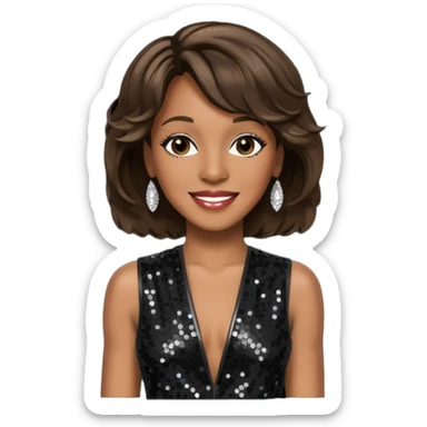 Whitney Houston with dark brown hair, black sequin jumpsuit sticker