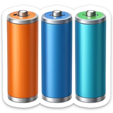 pair of cylindrical batteries with metallic tops and colored bands (orange, blue, or green) to indicate charge, positioned side by side or slightly angled, visible terminals, clean minimal design, no packaging, charger, or device, soft lighting, subtle shadows, emoji scale sticker