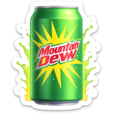 a can of Mountain Dew, vibrant and energetic, green and yellow colors, with sunshine rays bursting out when opened sticker