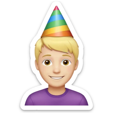 Young man, short yellow hair, rainbow birthday hat, happy sticker