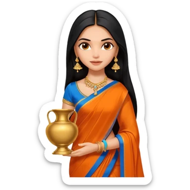 generate a pretty bratz Deepika Padukone with long black hair middle parted.
Wearing an orange saree with a blue blouse, golden jhumkas
SHe shoudl look like deepika padukone. dark brown eyes and carrying an urn sticker