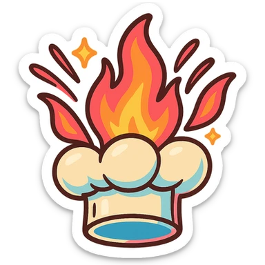chef's hat explode with trails of fires, toon, playful, magic flame neon orange to neon pink gradient, vibrant, flame matching style reference file sticker