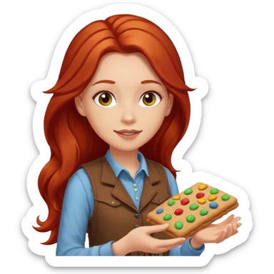 white girl scout with red long hair selling cookies with a brown vest sticker